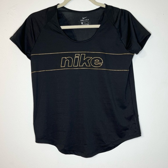 Nike Dri-Fit Black Tee Gold Metallic Logo Accent Women’s Size Small - Picture 12 of 12